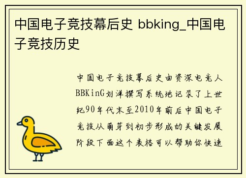 中国电子竞技幕后史 bbking_中国电子竞技历史