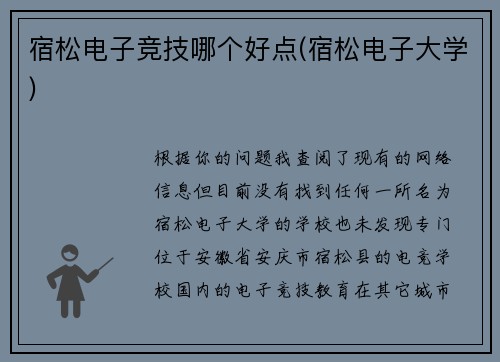 宿松电子竞技哪个好点(宿松电子大学)